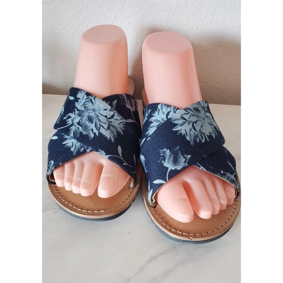 Franco Sarto Blue Denim Floral Criss-Cross Strap Quentin Slide 9 m EUC - Picture 5 of 9